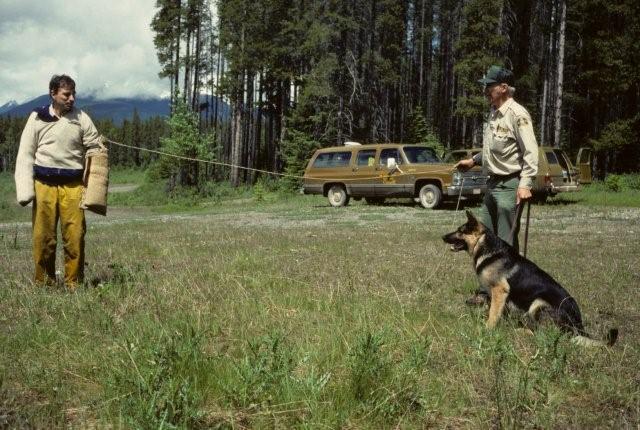 Dog Master Scott Ward with Dog Master Gord Peyto on a training exercise.