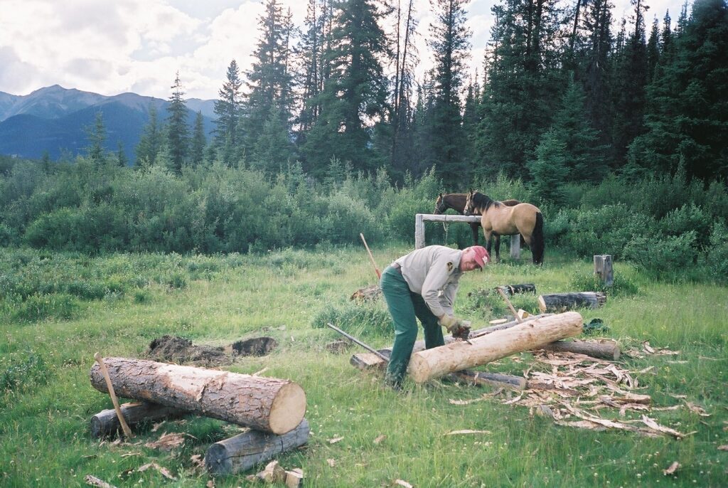 Building a new hitching rail at Welborne (Muskeg) Cabin, Jasper, circa 2004