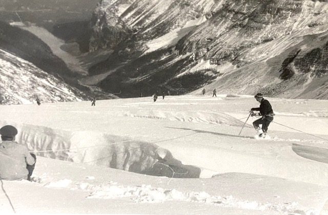 Murray Dawson far right approaching the crevasse.