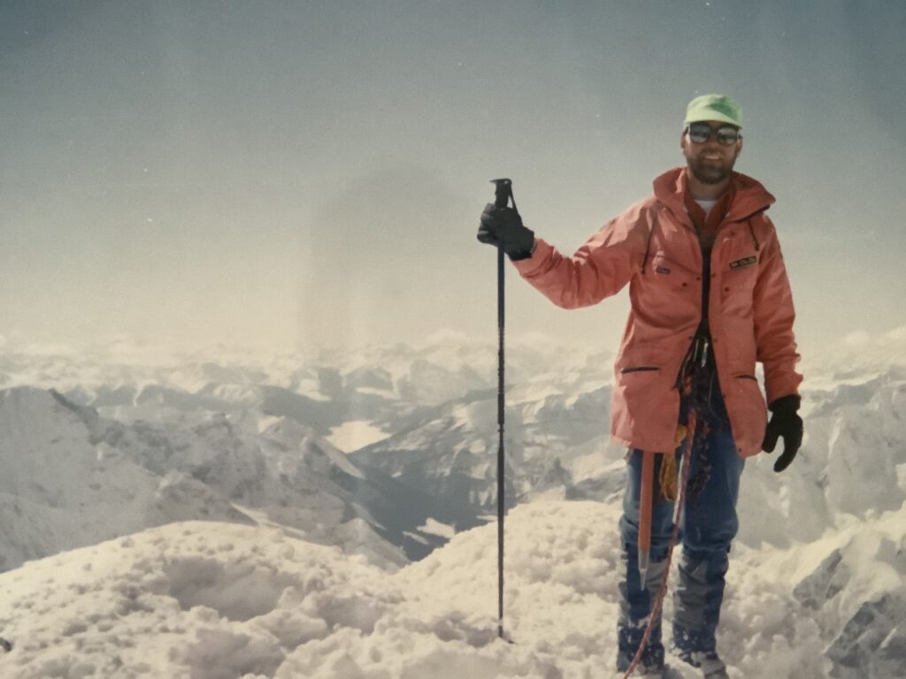 Ed Abbott on Mt. Lyell. Lyell Icefield.