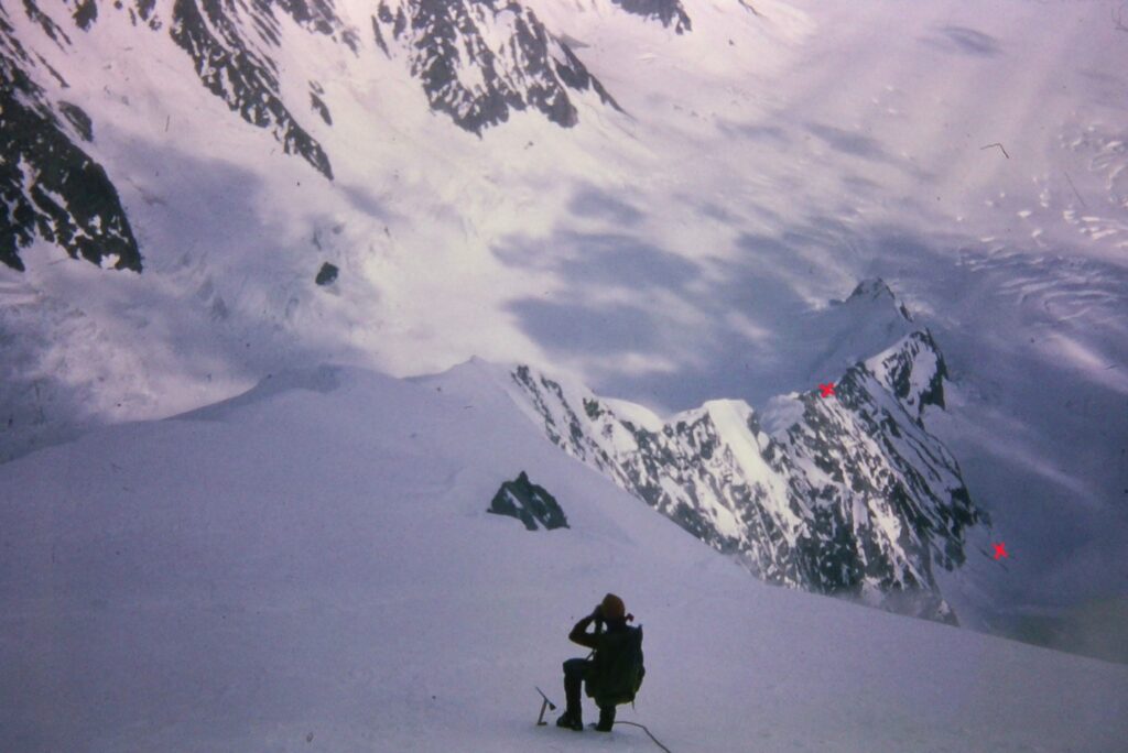 Looking down the East ridge of Mt. Logan showing red x’s marking our fall.