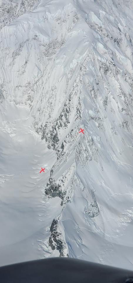 East ridge of Mt. Logan – red x’s mark points on the ridge and in the cirque below marking the start and finish of their fall.