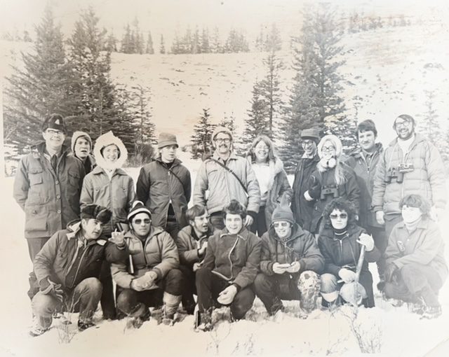 NAIT Biological Sciences on a field trip in Jasper National Park.  Back Left – Norm Young, Jasper Park Warden.  Front:  Ray Frey, Perry Jacobson, Duane West and fellow classmates in the Resource Management group. 