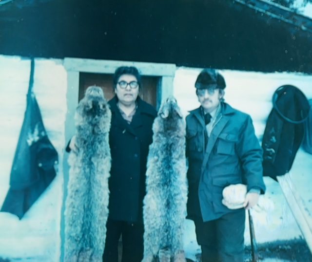 Mrs. Ben Houle showing off Lynx pelts after tea and a visit to their trapline in the park.  
                                                                                                   Circa 1978.

