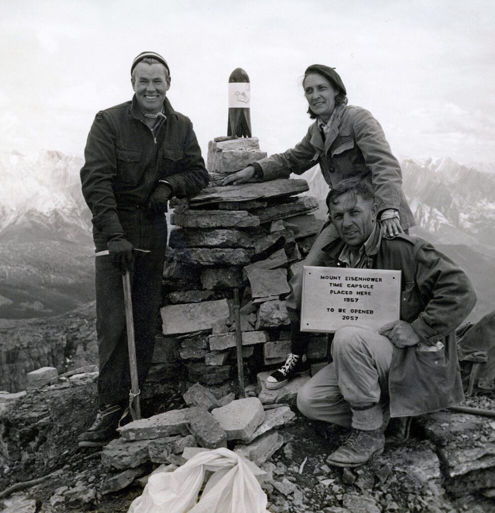 On the Summit of Mount Eisenhower Main Peak with the time capsule. Left to right: Ed Carleton, Agnes and Jake Verwoord.