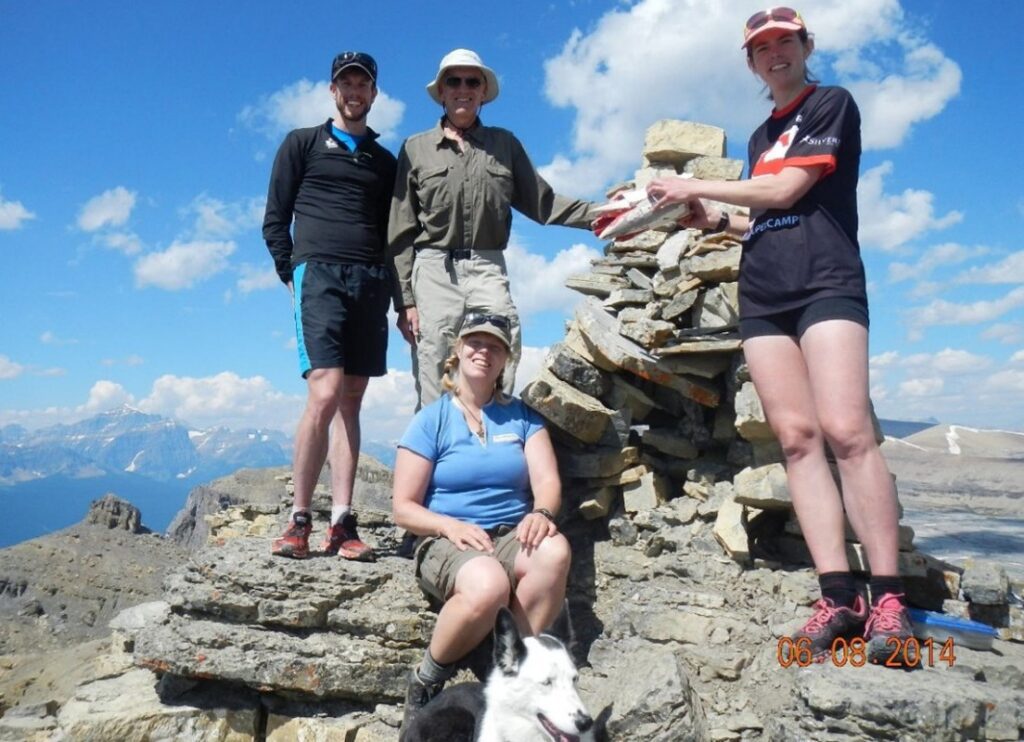 Left to right: Erik Carleton, Mike Carleton, Karen Messenger, Sanne Van Der Ros and Milo, on the Main Peak, 2014.