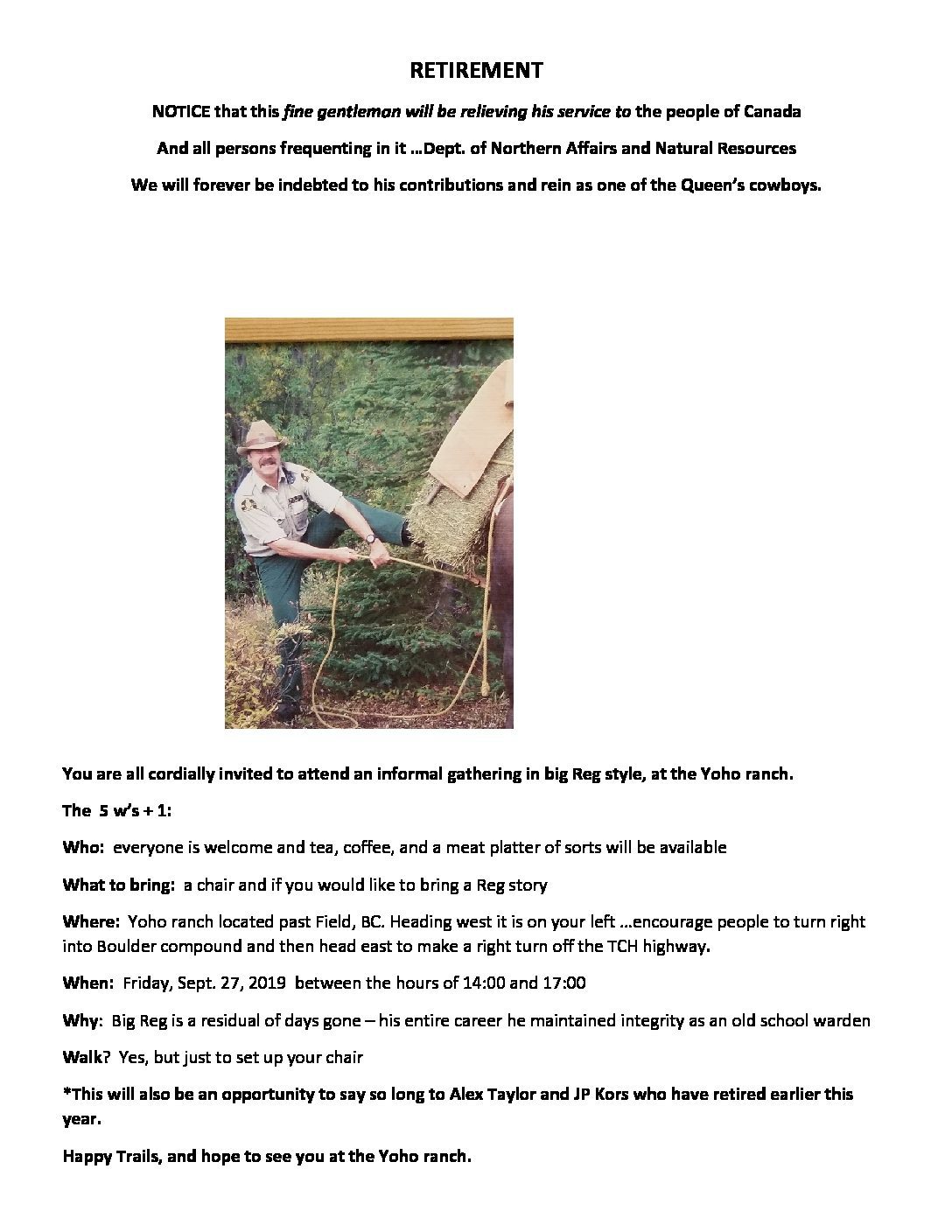 Reg Hawryluk’s Retirement Party – September 27th, 2019.